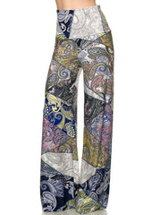Niobe Clothing High Waist Fold Over Wide Leg Gaucho Palazzo Pants (Multicolor Paisley) - pants