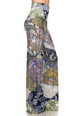 Niobe Clothing High Waist Fold Over Wide Leg Gaucho Palazzo Pants (Multicolor Paisley) - pants