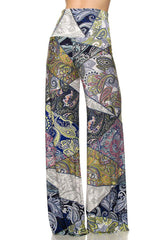 Niobe Clothing High Waist Fold Over Wide Leg Gaucho Palazzo Pants (Multicolor Paisley) - pants