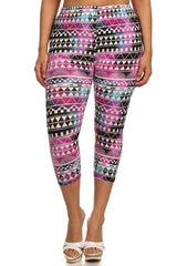 Niobe Clothing Pink Tie Dye Aztec Design Plus Size Capri Leggings - leggings