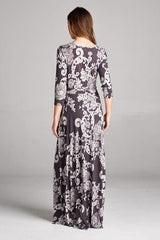 Niobe Clothing 3/4 Sleeve Dark Grey Damask Bohemian Maxi Dress - dress
