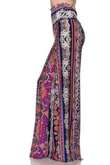 Niobe Clothing High Waist Fold Over Wide Leg Gaucho Palazzo Pants (Pink Lavendar Elegance) - pants