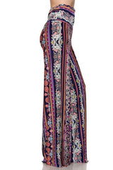 Niobe Clothing High Waist Fold Over Wide Leg Gaucho Palazzo Pants (Pink Lavendar Elegance) - pants