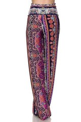 Niobe Clothing High Waist Fold Over Wide Leg Gaucho Palazzo Pants (Pink Lavendar Elegance) - pants