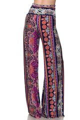 Niobe Clothing High Waist Fold Over Wide Leg Gaucho Palazzo Pants (Pink Lavendar Elegance) - pants