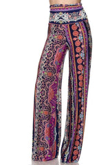 Niobe Clothing High Waist Fold Over Wide Leg Gaucho Palazzo Pants (Pink Lavendar Elegance) - pants