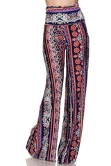 Niobe Clothing High Waist Fold Over Wide Leg Gaucho Palazzo Pants (Pink Lavendar Elegance) - pants