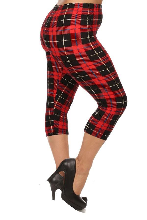 Red Plaid Design Plus Size Capri Leggings leggings- Niobe Clothing