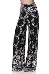Niobe Clothing High Waist Fold Over Wide Leg Gaucho Palazzo Pants (Black White Floral Chain) - pants