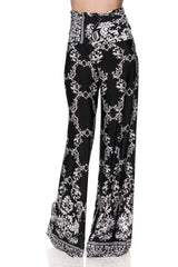 Niobe Clothing High Waist Fold Over Wide Leg Gaucho Palazzo Pants (Black White Floral Chain) - pants