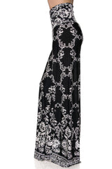 Niobe Clothing High Waist Fold Over Wide Leg Gaucho Palazzo Pants (Black White Floral Chain) - pants