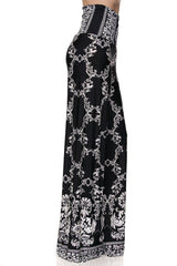 Niobe Clothing High Waist Fold Over Wide Leg Gaucho Palazzo Pants (Black White Floral Chain) - pants
