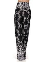 Niobe Clothing High Waist Fold Over Wide Leg Gaucho Palazzo Pants (Black White Floral Chain) - pants