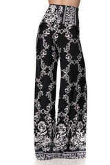 Niobe Clothing High Waist Fold Over Wide Leg Gaucho Palazzo Pants (Black White Floral Chain) - pants