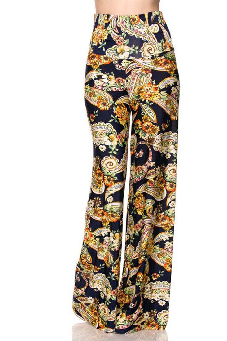 Niobe Clothing High Waist Fold Over Wide Leg Palazzo Pants (Navy Golden Paisley) - pants