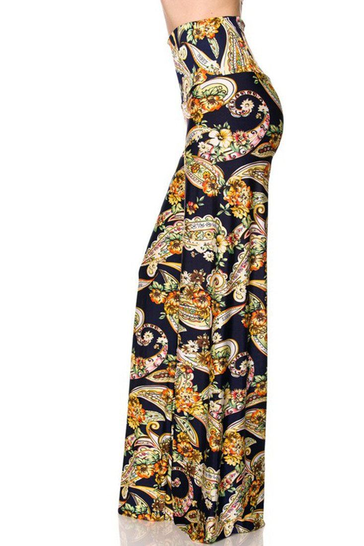 Niobe Clothing High Waist Fold Over Wide Leg Palazzo Pants (Navy Golden Paisley) - pants
