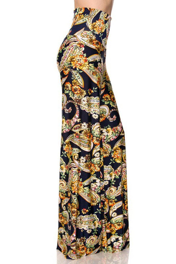 Niobe Clothing High Waist Fold Over Wide Leg Palazzo Pants (Navy Golden Paisley) - pants