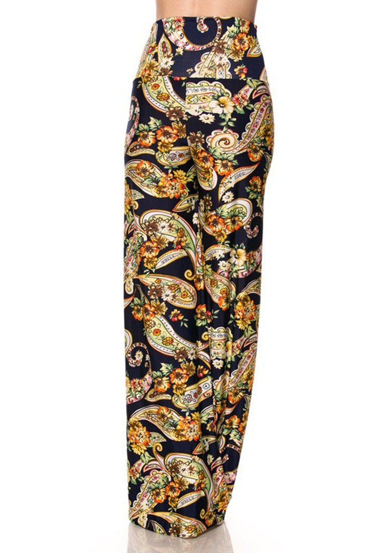 Niobe Clothing High Waist Fold Over Wide Leg Palazzo Pants (Navy Golden Paisley) - pants