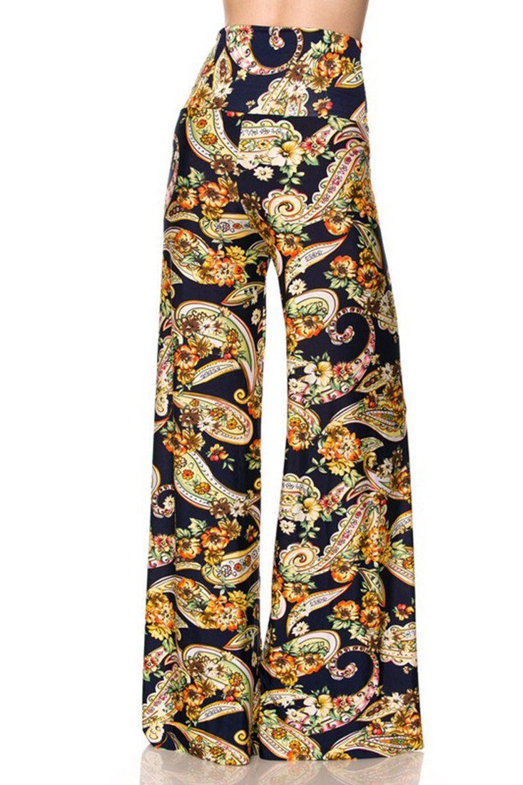 Niobe Clothing High Waist Fold Over Wide Leg Palazzo Pants (Navy Golden Paisley) - pants
