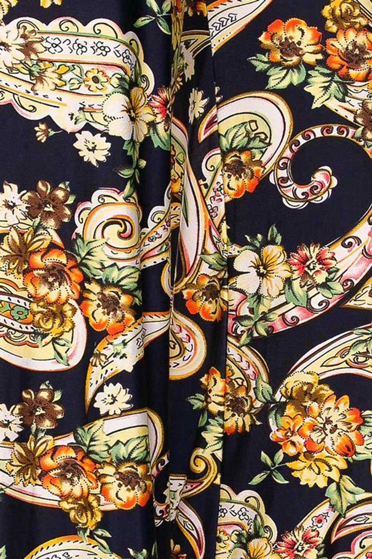 Niobe Clothing High Waist Fold Over Wide Leg Palazzo Pants (Navy Golden Paisley) - pants