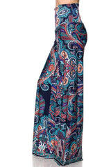 Niobe Clothing High Waist Fold Over Wide Leg Gaucho Palazzo Pants (Navy Multicolor) - pants