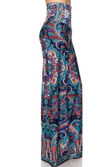Niobe Clothing High Waist Fold Over Wide Leg Gaucho Palazzo Pants (Navy Multicolor) - pants