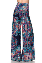 Niobe Clothing High Waist Fold Over Wide Leg Gaucho Palazzo Pants (Navy Multicolor) - pants
