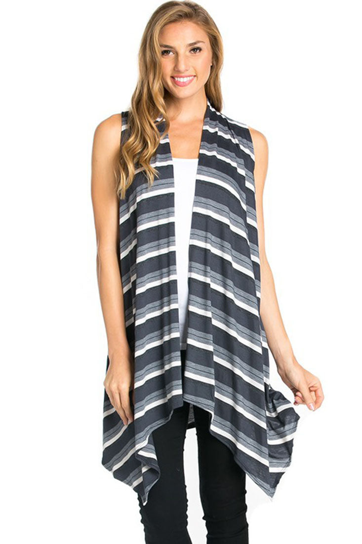 Niobe Clothing Sleeveless Asymmetric Hem Open Front Cardigan in Grey Mix - f_outerwear