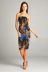 DNA Leopard w/ Blue Accent Strapless Bodycon Mini Tube Dress - dress