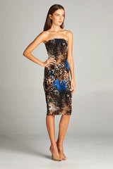 DNA Leopard w/ Blue Accent Strapless Bodycon Mini Tube Dress - dress