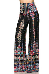 Niobe Clothing High Waist Fold Over Wide Leg Gaucho Palazzo Pants (Black Tribal Aztec) - pants