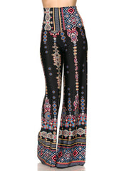 Niobe Clothing High Waist Fold Over Wide Leg Gaucho Palazzo Pants (Black Tribal Aztec) - pants