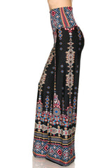 Niobe Clothing High Waist Fold Over Wide Leg Gaucho Palazzo Pants (Black Tribal Aztec) - pants