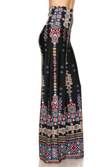 Niobe Clothing High Waist Fold Over Wide Leg Gaucho Palazzo Pants (Black Tribal Aztec) - pants