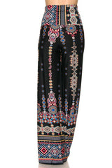 Niobe Clothing High Waist Fold Over Wide Leg Gaucho Palazzo Pants (Black Tribal Aztec) - pants
