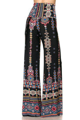 Niobe Clothing High Waist Fold Over Wide Leg Gaucho Palazzo Pants (Black Tribal Aztec) - pants