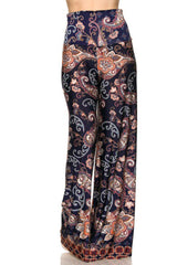 Niobe Clothing High Waist Fold Over Wide Leg Gaucho Palazzo Pants (Navy Floral Paisley) - pants