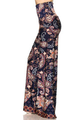 Niobe Clothing High Waist Fold Over Wide Leg Gaucho Palazzo Pants (Navy Floral Paisley) - pants