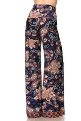 Niobe Clothing High Waist Fold Over Wide Leg Gaucho Palazzo Pants (Navy Floral Paisley) - pants