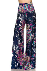 Niobe Clothing High Waist Fold Over Wide Leg Gaucho Palazzo Pants (Navy Floral) - pants