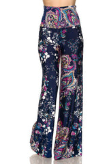 Niobe Clothing High Waist Fold Over Wide Leg Gaucho Palazzo Pants (Navy Floral) - pants