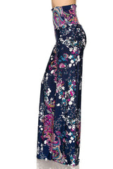 Niobe Clothing High Waist Fold Over Wide Leg Gaucho Palazzo Pants (Navy Floral) - pants