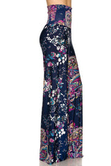 Niobe Clothing High Waist Fold Over Wide Leg Gaucho Palazzo Pants (Navy Floral) - pants