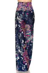 Niobe Clothing High Waist Fold Over Wide Leg Gaucho Palazzo Pants (Navy Floral) - pants