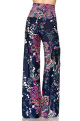 Niobe Clothing High Waist Fold Over Wide Leg Gaucho Palazzo Pants (Navy Floral) - pants