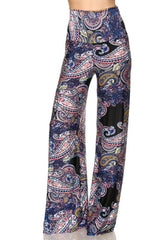 Niobe Clothing High Waist Fold Over Wide Leg Gaucho Palazzo Pants (Navy Elegant Paisley) - pants