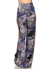Niobe Clothing High Waist Fold Over Wide Leg Gaucho Palazzo Pants (Navy Elegant Paisley) - pants
