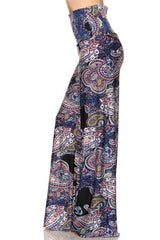 Niobe Clothing High Waist Fold Over Wide Leg Gaucho Palazzo Pants (Navy Elegant Paisley) - pants