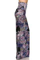 Niobe Clothing High Waist Fold Over Wide Leg Gaucho Palazzo Pants (Navy Elegant Paisley) - pants