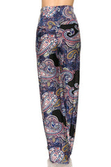 Niobe Clothing High Waist Fold Over Wide Leg Gaucho Palazzo Pants (Navy Elegant Paisley) - pants